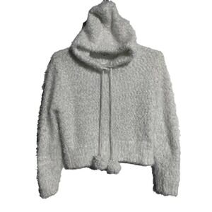 Jun & Ivy white short fuzzy hooded sweater woman size medium
